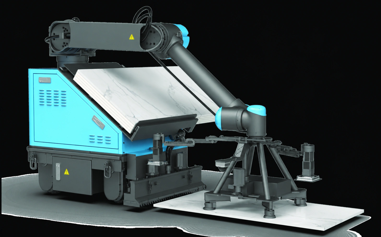 P900 PRO floor tiling robot with mobile chassis, articulated arm and tile suction system